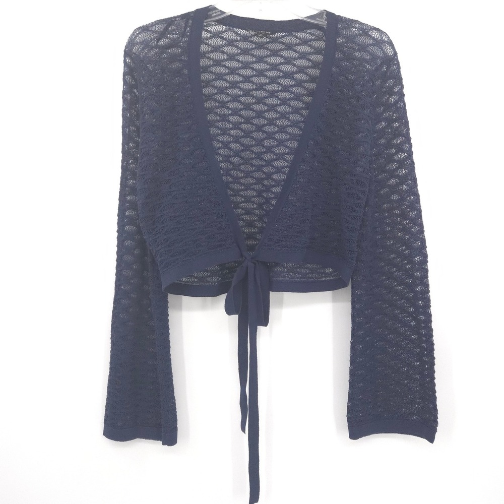 Lafayette 148 Shrug Sweater Womens Medium Navy Blue Tie Front Open Knit Cropped
